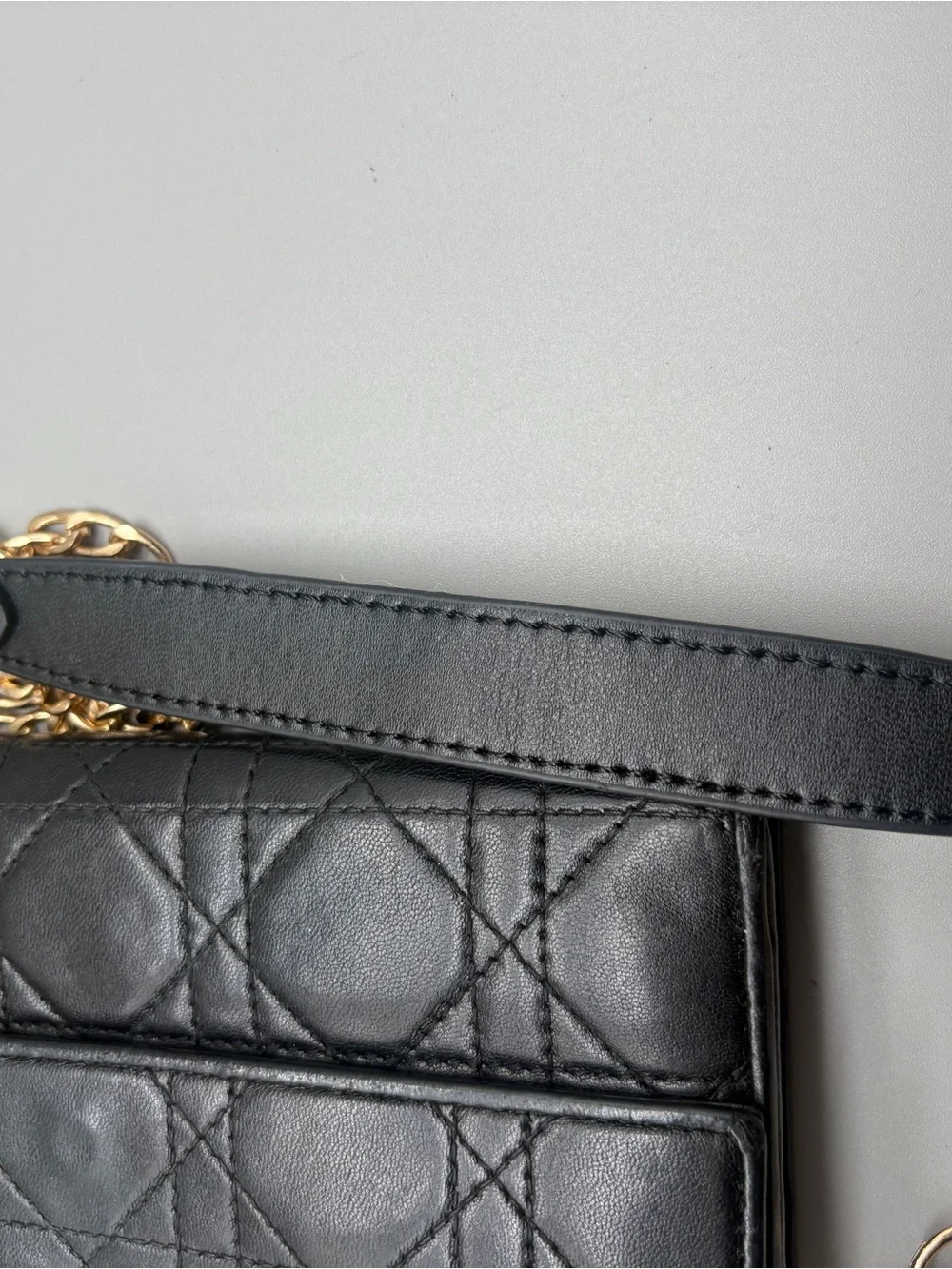 Dior Black Quilted Leather Shoulder Wallet with Gold Chain